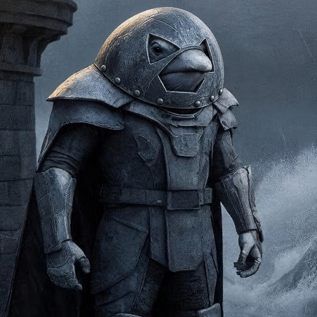 The Juggernaut Whale in scarred steel armor beside a stone pillar